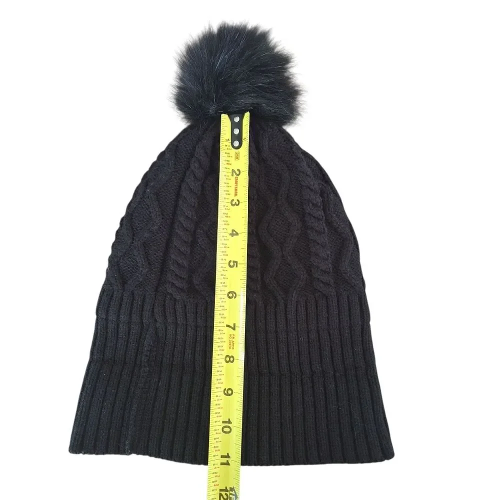 Women's Beanie Hat Black Cable Knit with Fuzzy Pom Pom Top Plushy Lining OS